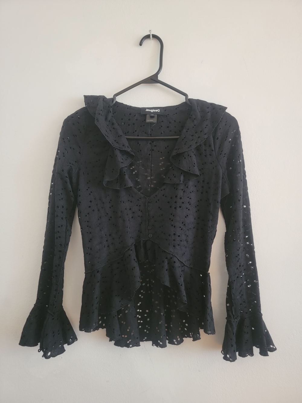 Desigual Black Eyelet Ruffle V‑Neck Blouse